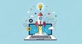 A red and white rocket is launching from an open laptop against a blue background. Surrounding the rocket Royalty Free Stock Photo