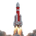 A red and white rocket launching into the sky with fire and smoke Royalty Free Stock Photo