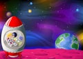 Red White Rocket With Moon, Earth, and Other Planets in Galaxy Space Cartoon