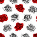 Red rose flower bouquets contour elements seamless pattern on white background Royalty Free Stock Photo