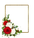 Red and white rose flowers with eucalyptus leaves and golden glitter frame