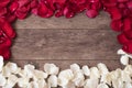Red and white rose petals on the wooden background. Rose Petals Border on a wooden table. Top view, copy space. Floral frame. Royalty Free Stock Photo