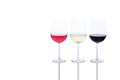 Red, white and rose wine in wine glasses isolated on white background with copy space Royalty Free Stock Photo