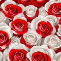 Red and white roses with frilly petals close together illustration - Generative AI