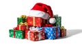 Santa hat on stack of decorative Christmas gift boxes Royalty Free Stock Photo