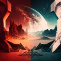 A red and white sci-fi landscape where two distinct worlds collide, creating a mesmerizing and otherworldly atmosphere. Royalty Free Stock Photo