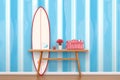 red and white shortboard in front of pastel blue wall Royalty Free Stock Photo