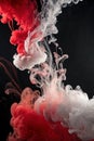 Red and white smoke swirls gracefully against a black background, creating intricate, wispy patterns.
