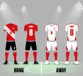 Red and white soccer uniforms with socks and shoes