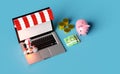 Red white space ship or rocket launch in smoke with laptop computer,store front,piggy bank,coins,banknote isolated on beige