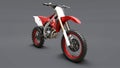 Red and white sport bike for cross-country on a gray background. Racing Sportbike. Modern Supercross Motocross Dirt Bike