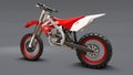 Red and white sport bike for cross-country on a gray background. Racing Sportbike. Modern Supercross Motocross Dirt Bike. 3D