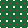 Red and White Stars on a green backdrop. Simple retro geometric Christmas pattern. Traditional colors. Vector background for Royalty Free Stock Photo