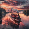 Red and white steam train sailing in the middle of the river Royalty Free Stock Photo