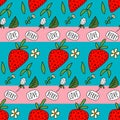 Red and white strawberries on striped background with text `Love Berry`.