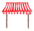 Red and white striped awning with wooden pegs for shop, cafe, street restaurant, market. One single object, front view. A hand- Royalty Free Stock Photo