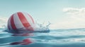 A red and white striped beach ball floats on gently rippling water, causing splashes as it bobs along the surface Royalty Free Stock Photo