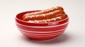 Precision And Detail-oriented Red Bowl With Three Hot Dogs