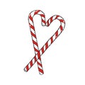 Red and white striped Christmas candy canes with black stroke. Heart shaped christmas candy canes on white background. Royalty Free Stock Photo