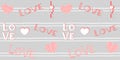 Cute seamless pattern with red and white striped hearts and inscriptions love on a gray striped background Royalty Free Stock Photo