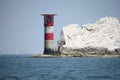 The red and white striped lighthouse at the needles in the solent