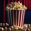 red and white striped popcorn bucket with a theater curtain in the background ai generated Royalty Free Stock Photo