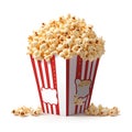 red-and-white striped popcorn buckets on white background. Realistic illustration. Big portions of popcorn.