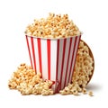 red-and-white striped popcorn buckets on white background. Realistic illustration. Big portions of popcorn.