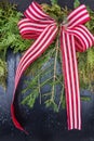 Red and white striped ribbon tied in a bow on a black background with greenery. Festive decoration on the street. Royalty Free Stock Photo