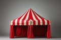 A red and white striped tent with curtains. Generative AI image.