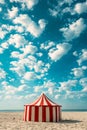 A red and white striped tent on a sandy beach under a blue sky. Generative AI Royalty Free Stock Photo