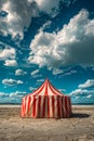 A red and white striped tent on a sandy beach under a cloudy sky. Generative AI Royalty Free Stock Photo
