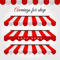 Red and White Striped Vector Awnings for Shop, Cafe. Window Canopy. Striped Awning Border. Advertising Design Elements