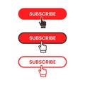 Red and white subscribe button with pointer and hand cursor