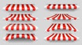 Red and white sunshade. Outdoor awnings for cafe and shop window isolated vector set