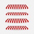 Red and white sunshade. Outdoor awnings for cafe and shop window isolated vector set. Tent sunshade for market, stripe