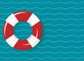 Red and white swimming rubber ring on blue wavy background. Floating lifebuoy