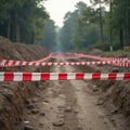 Red and white tape marks danger zone on construction site. Earthworks project shows trenches. Forest road with work in progress Royalty Free Stock Photo