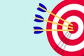 Red white target with arrows in the bullseye with shadows on it