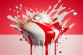 red and white thick creamy paint splashes on a colorful background, generative ai