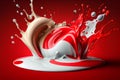 red and white thick creamy paint splashes on a colorful background, generative ai