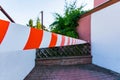 Red White Thin Caution Tape Fence Outside Safety