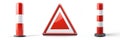 Red and white traffic bollards and warning sign on white background Royalty Free Stock Photo