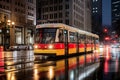 a red and white train on the tracks