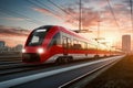 A red and white train traveling down train tracks. High-speed suburban train at sunset Royalty Free Stock Photo