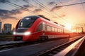 A red and white train traveling down train tracks. High-speed suburban train at sunset Royalty Free Stock Photo