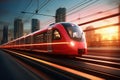 A red and white train traveling down train tracks. High-speed suburban train at sunset Royalty Free Stock Photo