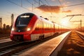 A red and white train traveling down train tracks. High-speed suburban train at sunset Royalty Free Stock Photo