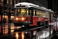 a red and white trolley on the street at night