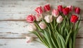 Tulips on rusty wood background. AI generated.